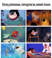 Disney princesses, reimagined as cement mixers.