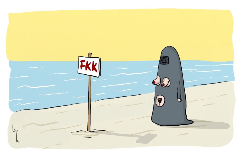 Customized burka suitable for nudist beaches.
