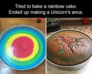 Tried to bake a rainbow cake. Ended up making a unicorn’s anus.