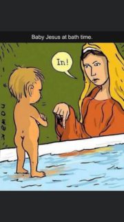 Baby Jesus at bath time.
